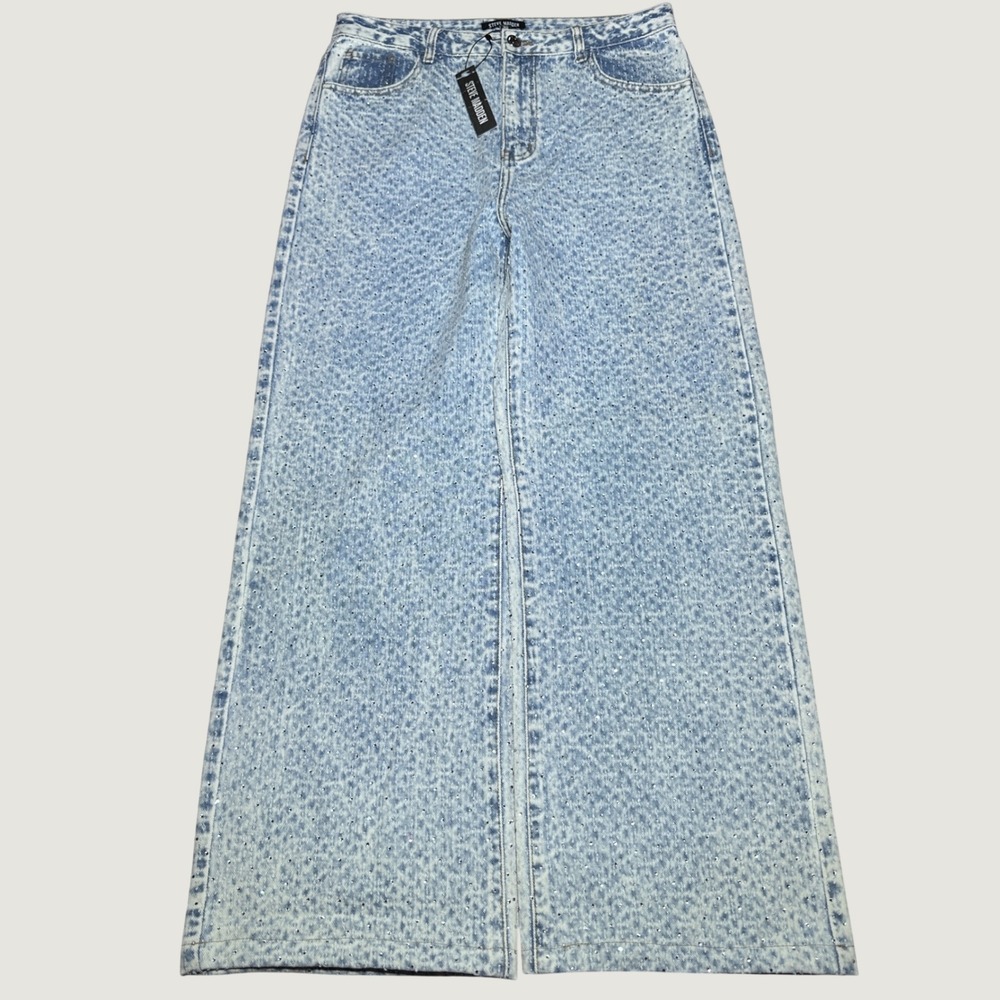 NEW Steve Madden Avaline Pant Womens 30 Rhinestone Acid Wash Wide Leg Light Blue